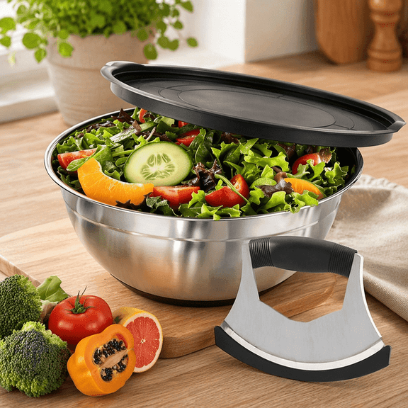 Salad Chopper Bowl with Airtight Lid – Stainless Steel Chopping and Mixing Bowl, Curved Blade Cutter, Non-Slip Base, Dishwasher-Safe, Perfect for Quick Vegetable & Fruit Salad Prep
