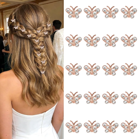 20Pcs Mini Rose Gold Rhinestone Butterfly Hair Clips, Decorative Hair Pins for Women Bridal Wedding Prom Daily Hairstyle Accessories