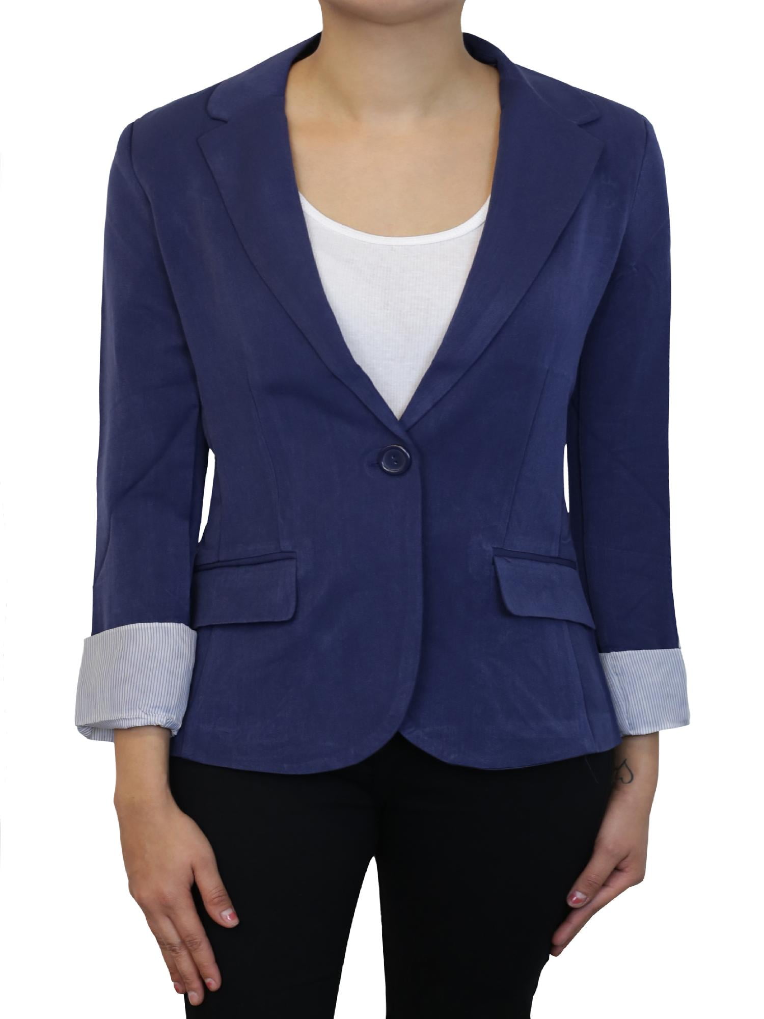 Made by Olivia Women's Cuffed Sleeve One Button Boyfriend Blazer Navy
