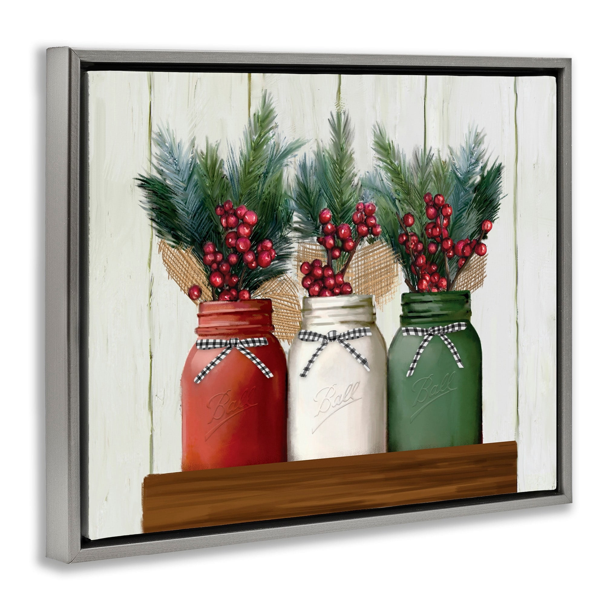 Stupell Industries Festive Holiday Jars Christmas Berry Bouquets Luster Gray Framed Floating Canvas Wall Art, 16x20, by Ziwei Li