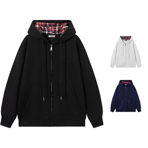 RUTAYY Men's Zip Up Hoodie Solid Color Plaid Inner Hood Oversized Long Sleeve Hooded Jacket Black