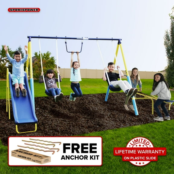 Sportspower Super 1st Metal Swing Set with Trapeze, Teeter-Totter, 6' Slide with Lifetime Warranty & Bonus Anchor Kit, for Kids 3-8