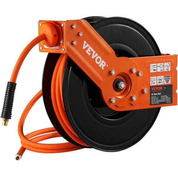 50FT Retractable Air Hose Reel, 3/8 Inch Hybrid Air Hose 300PSI, Heavy Duty Steel Reel with 5FT Lead, Wall/Ceiling Mount for Air Compressor