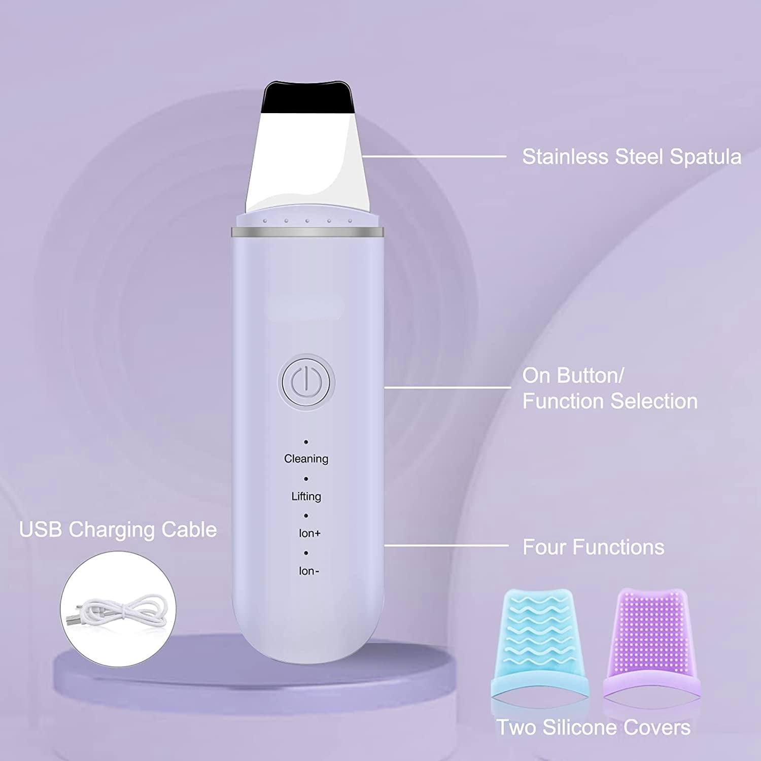 Skin Scrubber Spatula, Facial Scrubber for Pore Cleaning, Gentle Skin Care Tools with 4 Modes, Portable USB Rechargeable, Included 2 Silicone Covers