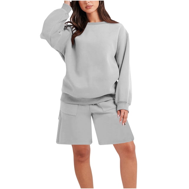 RKSTN Ensemble 2 Pcs pour Femmes Mode Chandail à Manches Longues à Col Rond, Chandail Molletonné à Enfiler, Pantalon de Jogging à Cordon, Pantalon Mi-Long, Ensemble de Détente