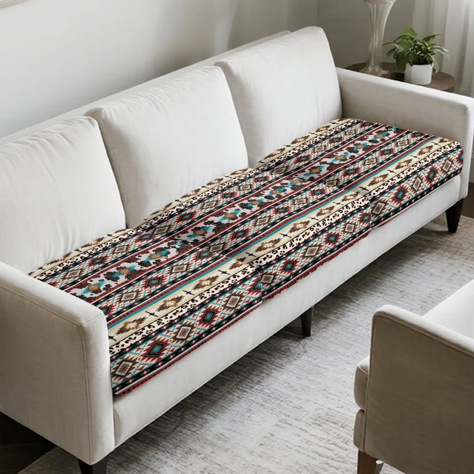 COEQINE 3 Pieces Stretch Sofa Cushion Cover Soft Couch Slipcover Furniture Protector Washable Anti-Slip with Elastic Bottom for Individual Cushions, American Tribal Cow Print Red Beige