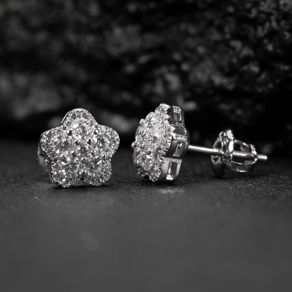 Men's Women's White Gold Sterling Silver Flower Cluster Star Hip Hop Screw Back Stud Earrings