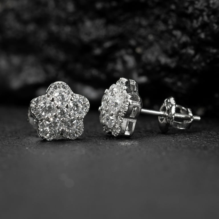 Metaltree98 Icy 3D Double Round Screw Back Stud Earrings For Men – Silver Plated, Micro Pave CZ, Hip Hop Style