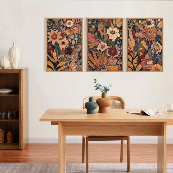3 Piece Wood Framed Floral Wall Art, 15.7 x 11.8 inch Brown Botanical Prints for Living Room Bedroom, Boho Farmhouse Decor