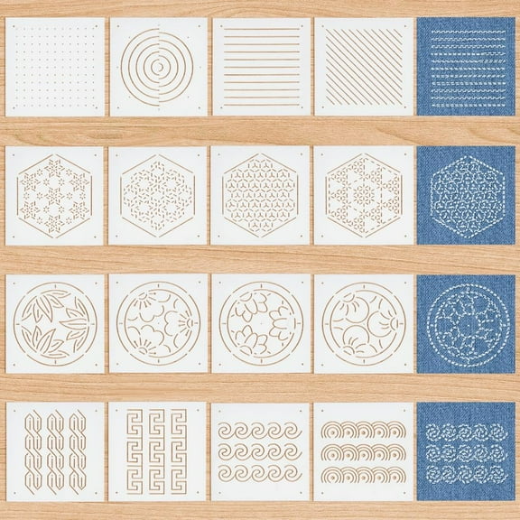 White 16Pcs 4Styles Plastic Sashiko Stencil 5x5inch Dots Lines s Botanicals Continuous Embroidery Tool Drawing Line Template for Hand Quilting and Embroidery 0.3mm Thick