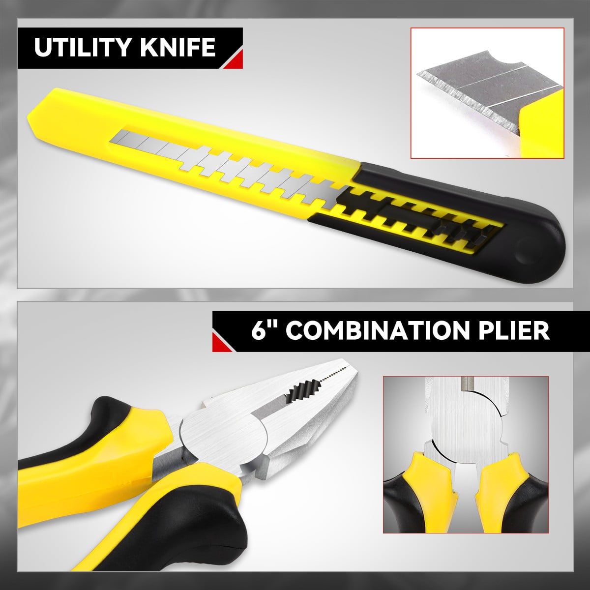 18 Pcs Protable Home Office Repair Tool Kits Plier & Adjustable Wrench & Utility Knife & Hex Keys & Screw Driver Yellow