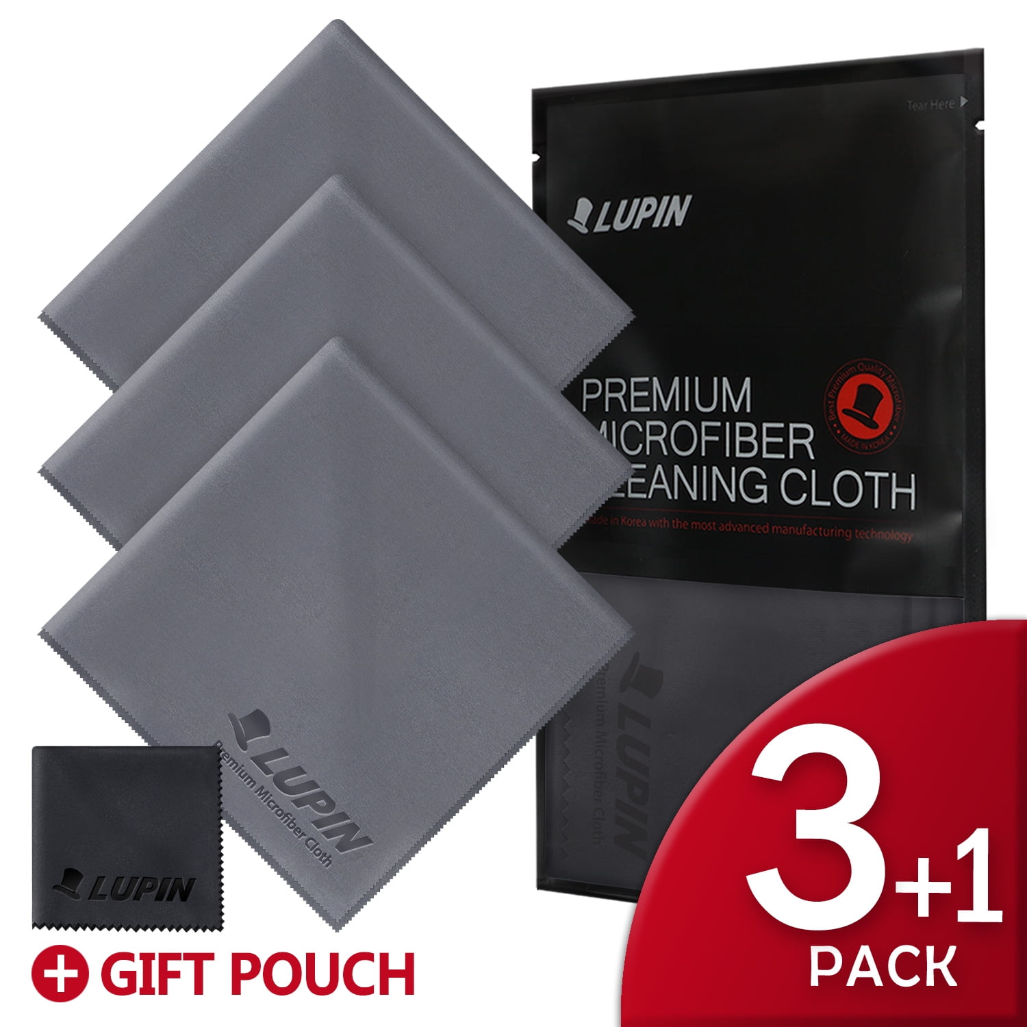 Lupin Microfiber Cleaning Cloths, Large 3 + 1 PACK Premium Ultra Lint