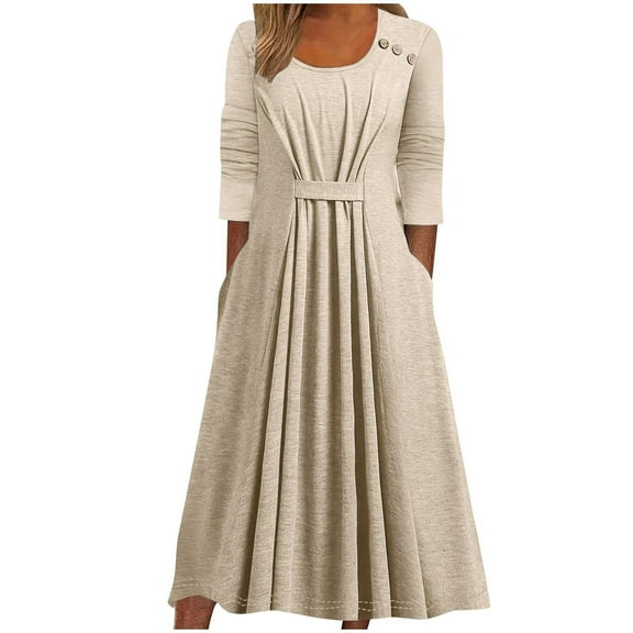 hotojiny Womens Maxi Dress Casual 3/4 Length Sleeve Flowy Pleated a Line Dress Soft Lounge Crewneck Vacation Dresses