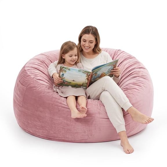 Bean Bag Chair with Filling Included, Large 4FT Comfy Bean Bag Chairs for Adults, Teens, Memory Foam, Machine Washable Thick Dutch Velvet Cover, for Living Room, Den, or Bedroom, Pink