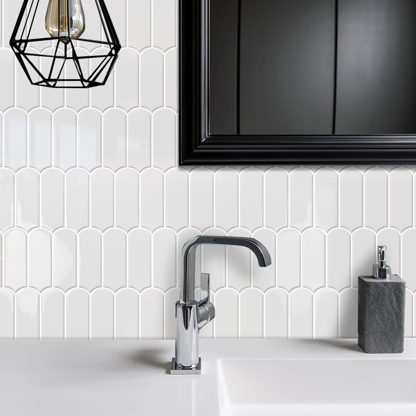 DEWOO 10-Sheet Upgraded Thicker Peel and Stick Kitchen Backsplash Tiles,Waterproof Self-Adhesive Vinyl Wall Tile Fish Scale Mosaic Design,for Bathroom,Fireplace and RV(White,12"×12")