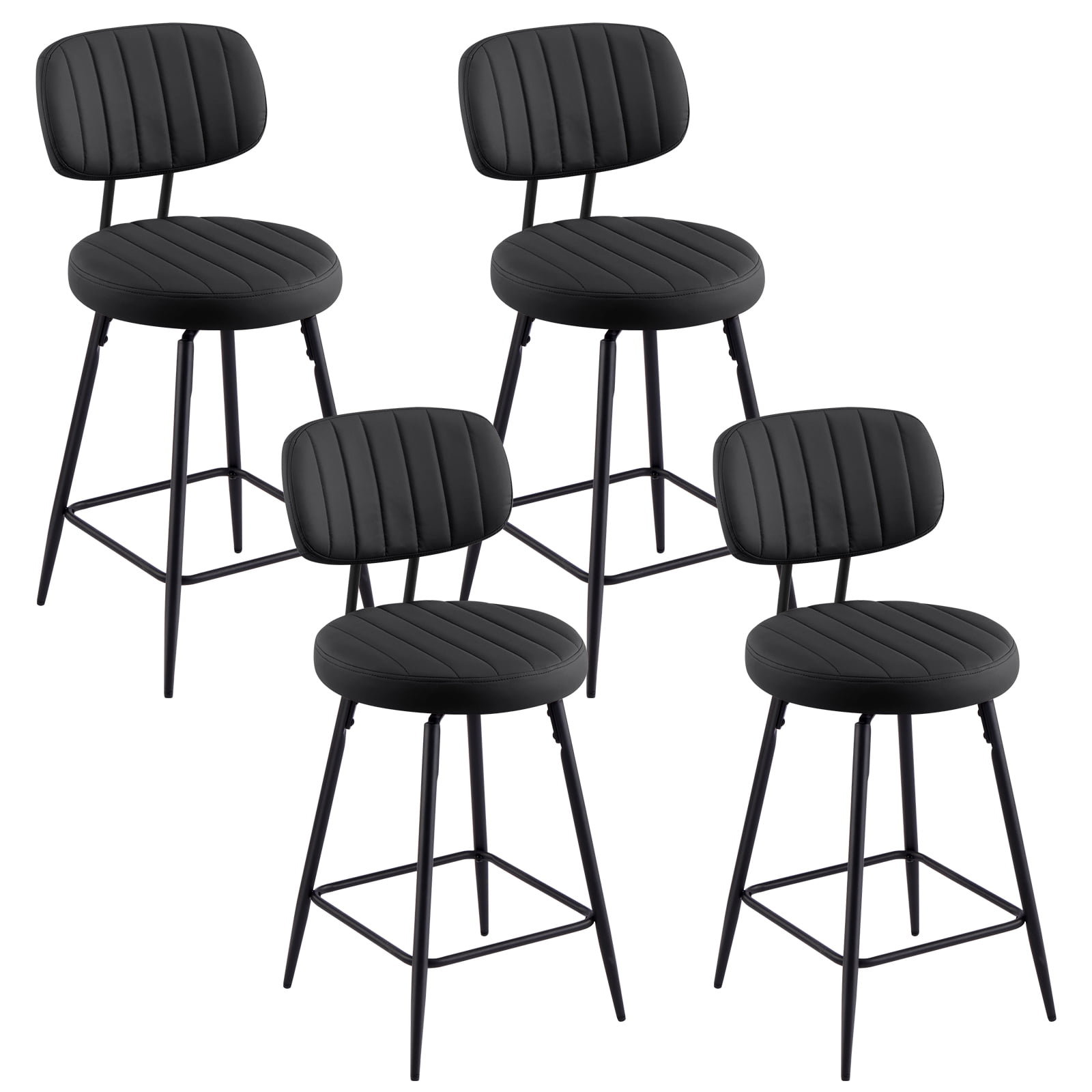 Furniliving 26" Modern Bar Stools Set of 4, Upholstered Swivel Counter Height Barstools with Back and Footrest, Adjustable Faux leather Barstool for Kitchen Island,Dining Room.Black