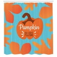 thumbnail image 3 of Pumpkin Spice Shower Curtain, Funny Pumpkin Please Lettering Fall with Leaves Frame, Fabric Bathroom Set with Hooks, 69W X 70L Inches, Brown Turquise and Burnt Sienna, by Ambesonne, 3 of 3