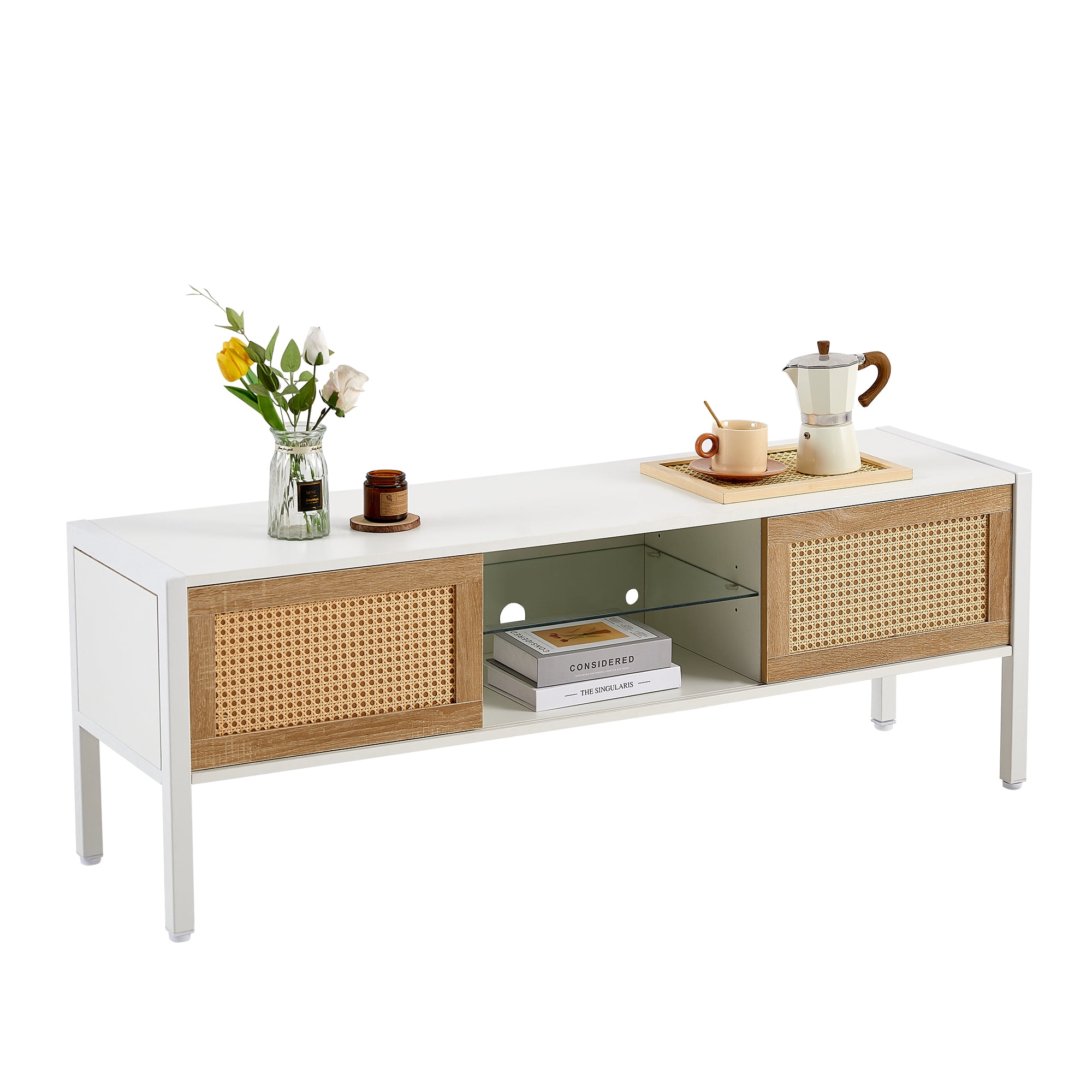 MAYEERTY 54.33" Rattan TV Cabinet with Adjustable Shelf, Variable Color Light Strip, and Metal Legs, White