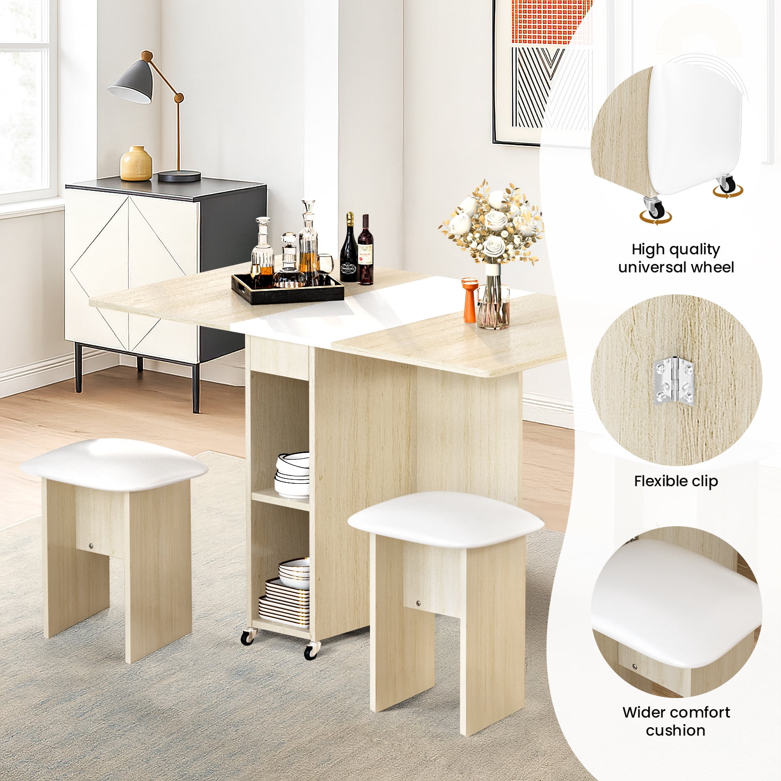 Baxluxe Folding Kitchen Table with Chairs,Dining Table Set for 4,Drop Leaf Table with 6 Wheels,Expandable Dining Table,Multifunction Expandable Table for Living Room, Folding Kitchen Table