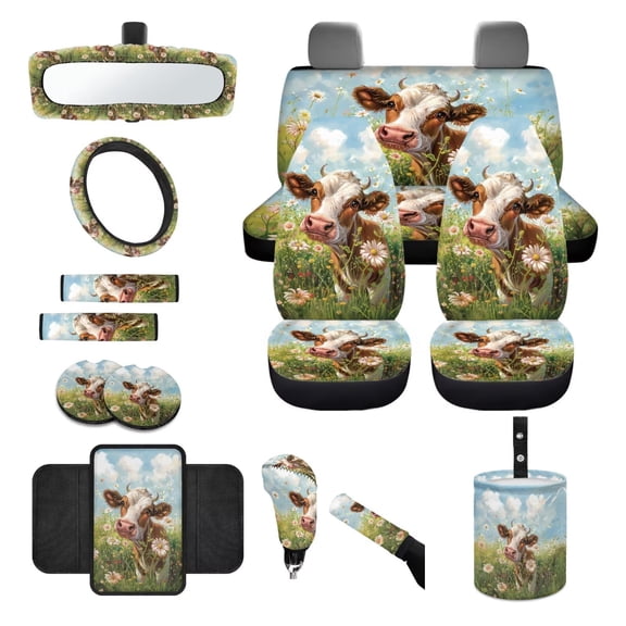 LedBack Cow Daisy Print Car Seat Covers Full Set with Accessories for Women Men Car Front and Rear Seat Covers with Steering Wheel Cover Center Console Pad Seatbelt Pads for Sedan SUV Truck