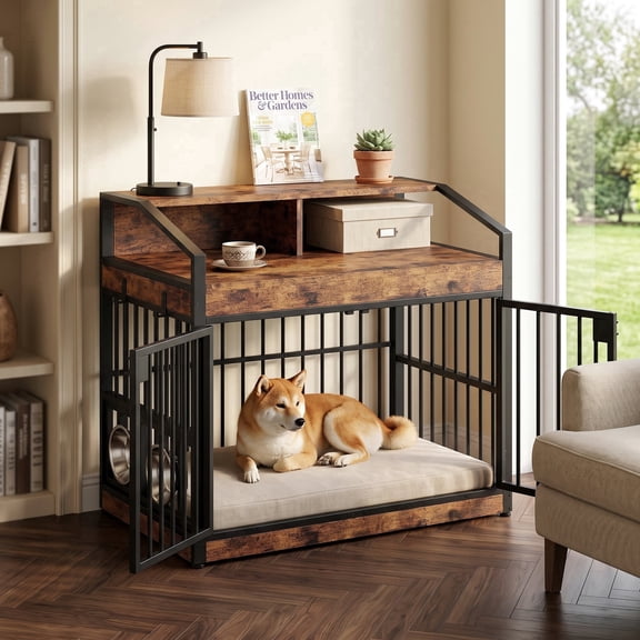 IRONCK Furniture Dog Crate for Medium Dogs, Dog Kennel with Storage Shelf & End Table