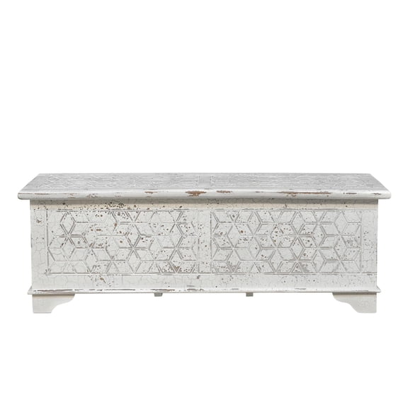 Isabella White Solid Wood Storage Ottoman with Geometric Carved Design