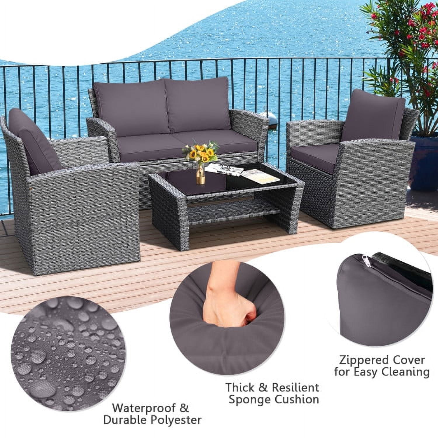 Aimee Lii 4 Pieces Wicker Patio Furniture Set Sofa Table with Storage Shelf Cushion, Modern Patio Furniture, Gray Aimee Lii 4 Pieces Wicker Patio Furniture Set Sofa Table with Storage Shelf Cushion, Modern Patio Furniture, Gray