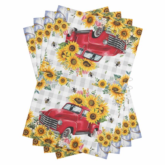 Spring Sunflowers Kitchen Towels Set of 4, Water Absorbent Dish Towel, Car Bee Farmhouse Pastoral Rustic Decorative Hand Towels - Quick Drying Cloth for Cooking Baking, 18x28 Inch