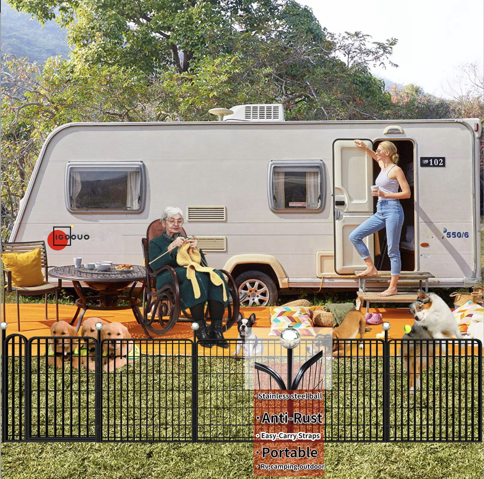 IGOOUO Dog Playpen Indoor/Outdoor,4 Panels 32'' Height Portable Metal Dog Fence with Easy-Carry Straps for Small Dogs,Pet Puppy Playpen for RV Camping Yard Patio