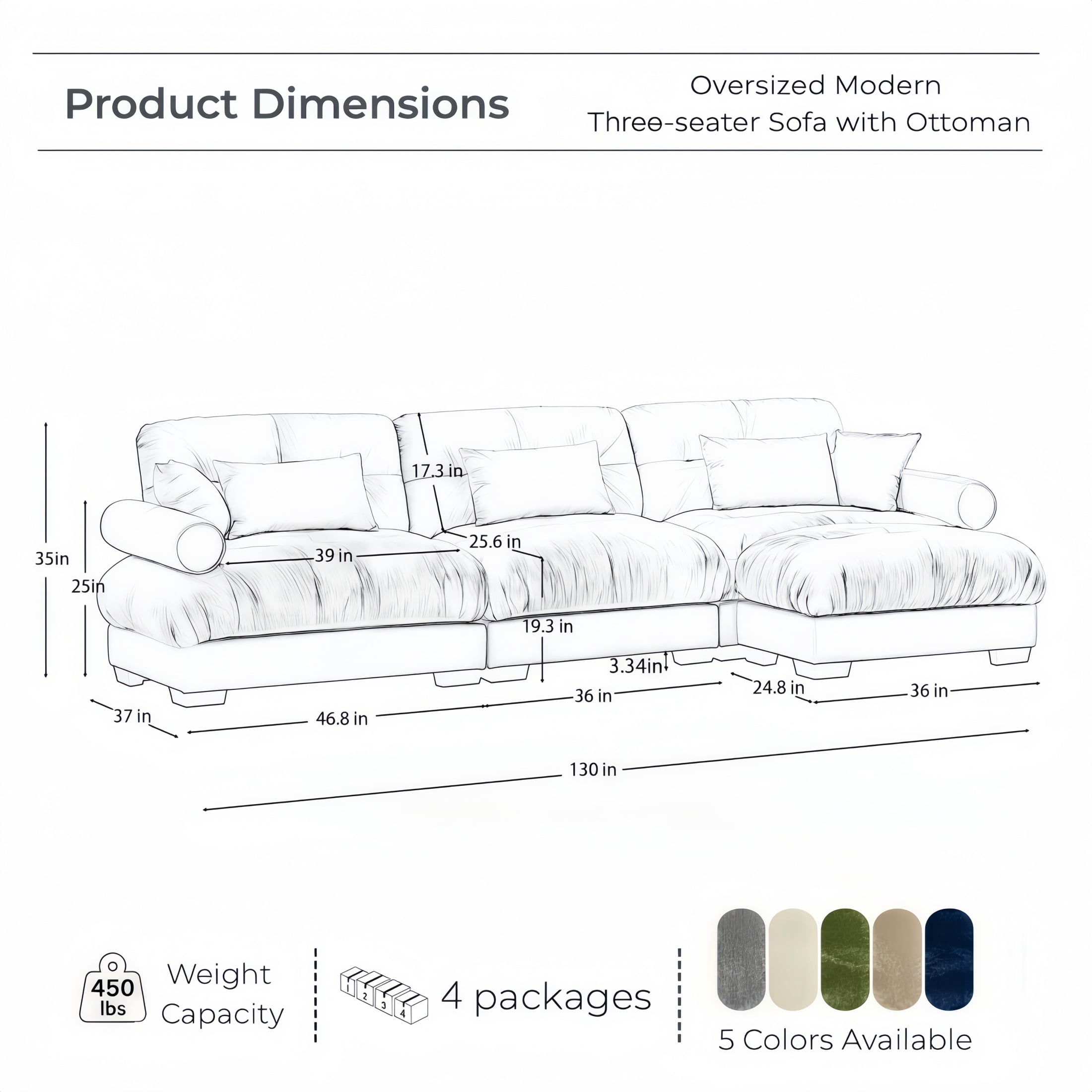Amuille 130" Modular Sectional Sofa Velvet L Shaped Cloud Couch with Movable Ottomans, Deep Seat Couch for Living Room, with Pillows, Gray