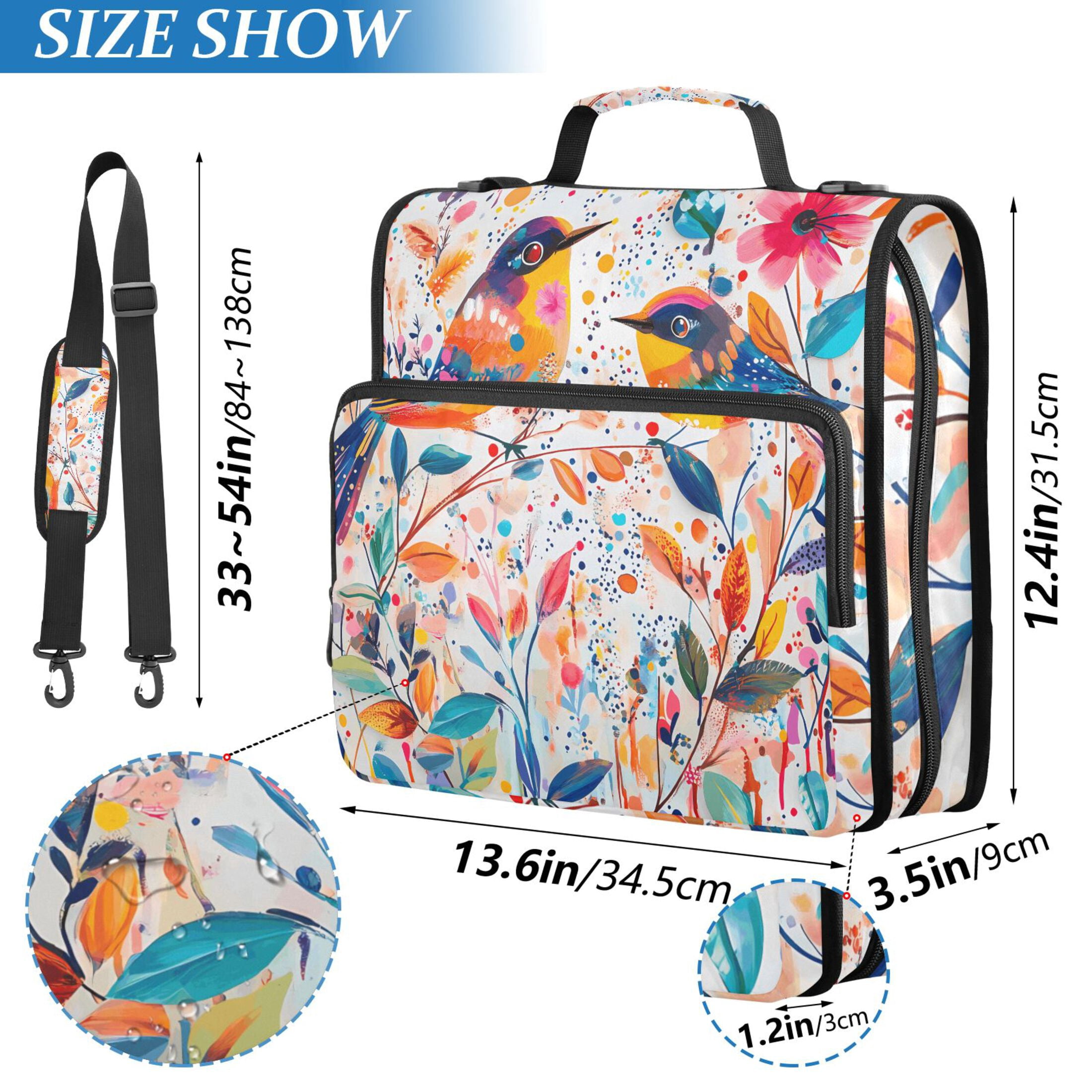 3 Ring Zipper Binder with Shoulder Strap Waterproof Trapper Keeper 2 Inch D-Ring 500 Sheets Capacity Abstract Birds and Flowers