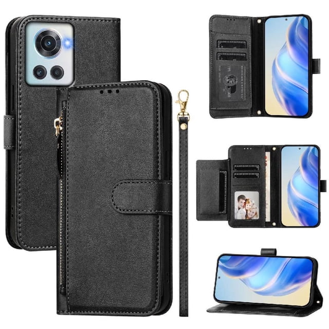 Case for OnePlus ACE Zipper Wallet Flip Cover with Card Holder, Photo Frame, Kickstand & Lanyard, PU Leather Black