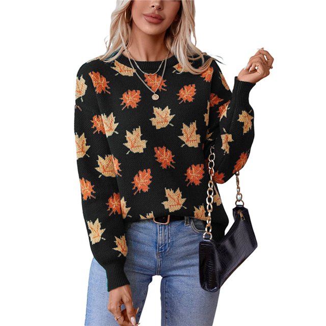 Suéter de Punto Jacquard de Moda con Estampado de Hojas Otoñales para Mujer. Cuello Redondo, Larga, Tejido Suave y Cómodo. Negro L