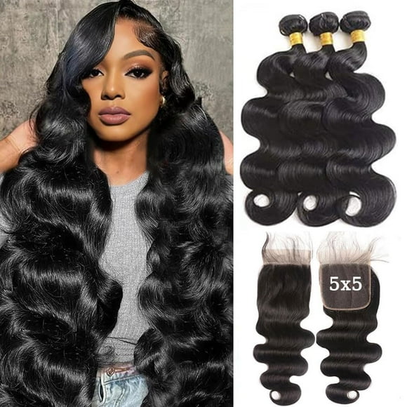 ZGGTL Body Wave Bundles Human Hair with Closure (18 20 22+5x5 Lace Closure 16Inch) 12A 100% Brazilian Human Hair Bundles with Closure Natural Color