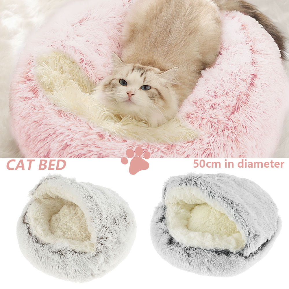 Hooded Cat Bed Round Fluffy Cats Tent Cave Cosy Long Plush Pet Sleeping Bag House Home Indoor for Kitten Rabbit Samll Pets Anti-Skid Waterproof Bottom Washable Grey 