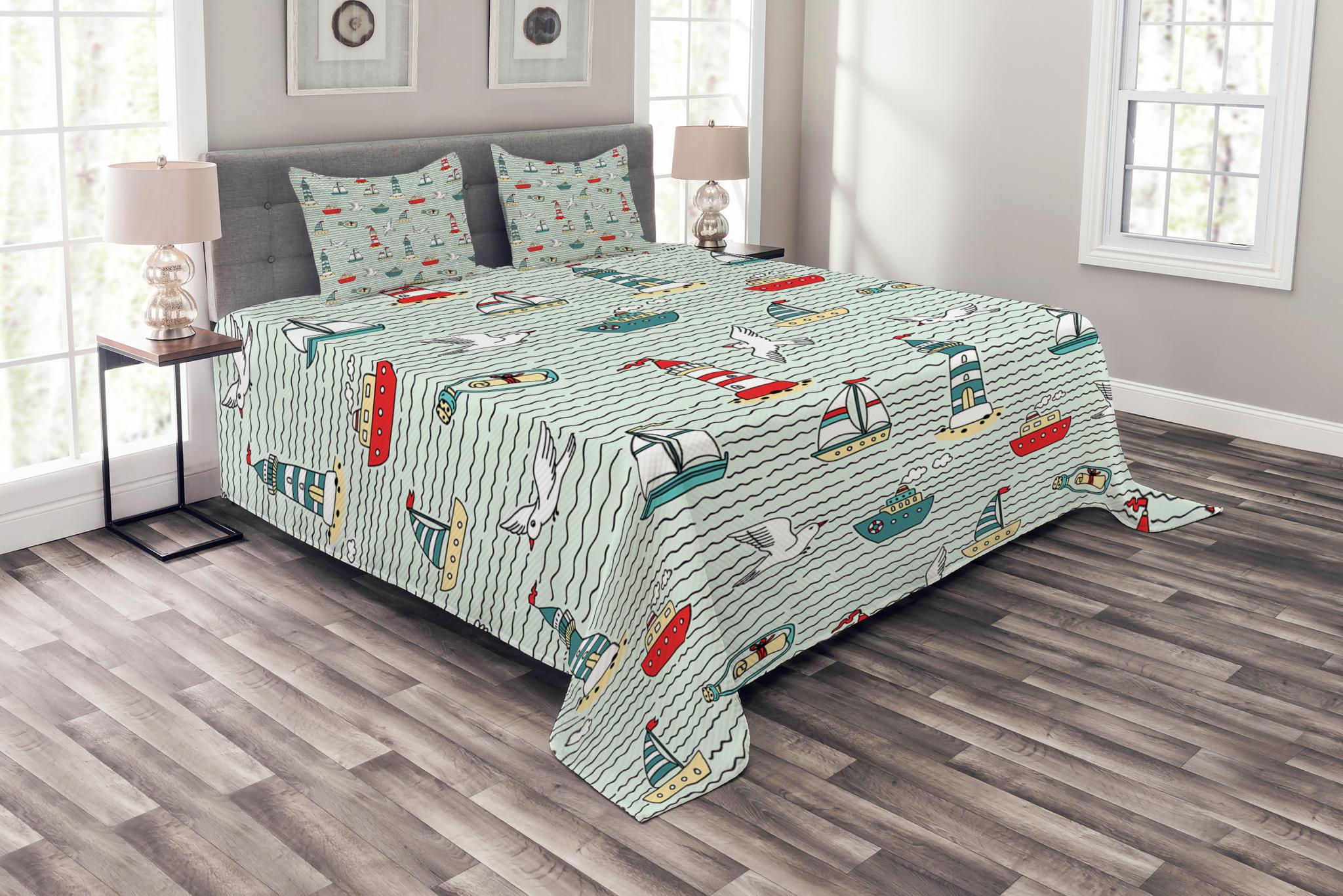 Lighthouse Bedspread Set, Seagulls Lighthouses Message Bottles