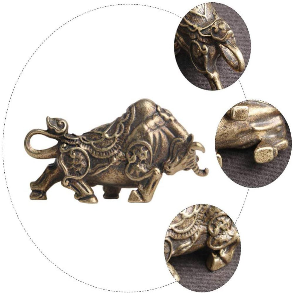 Healifty 2pcs Mini Copper Bull Figurines Ox Statue Miniature Bronze Bull Tea Pet Chinese Zodiac Year of The Ox Sculpture for Good Luck Wealth