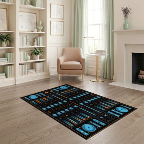 ODIKA 4'x6' Washable Area Rug Disc Cd Vinyl Record Retro Equalizer Bars Turntable Icons Grooves for Dorm Room, Small Living Stain Resistant Low Profile, Easy Care