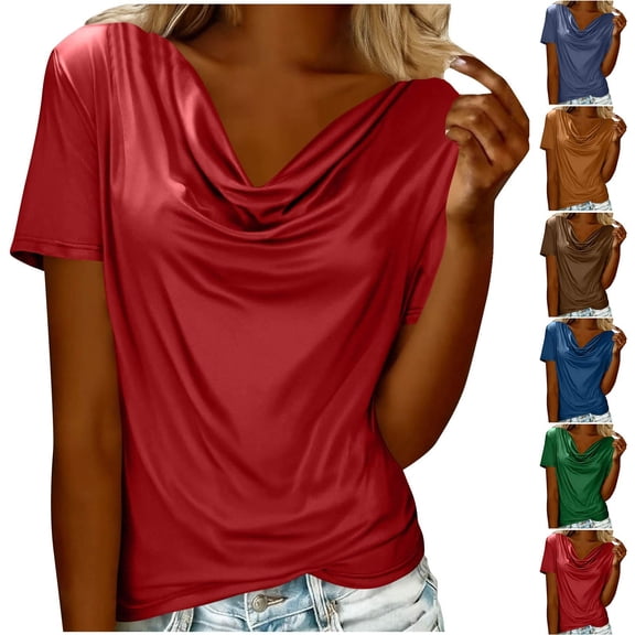 Rvasteizo Summer Tops for Women Solid Fashion Cowl Neck Breathable Short Sleeve Casual Breathable Ladies Daily Relaxed Pullover Blouse