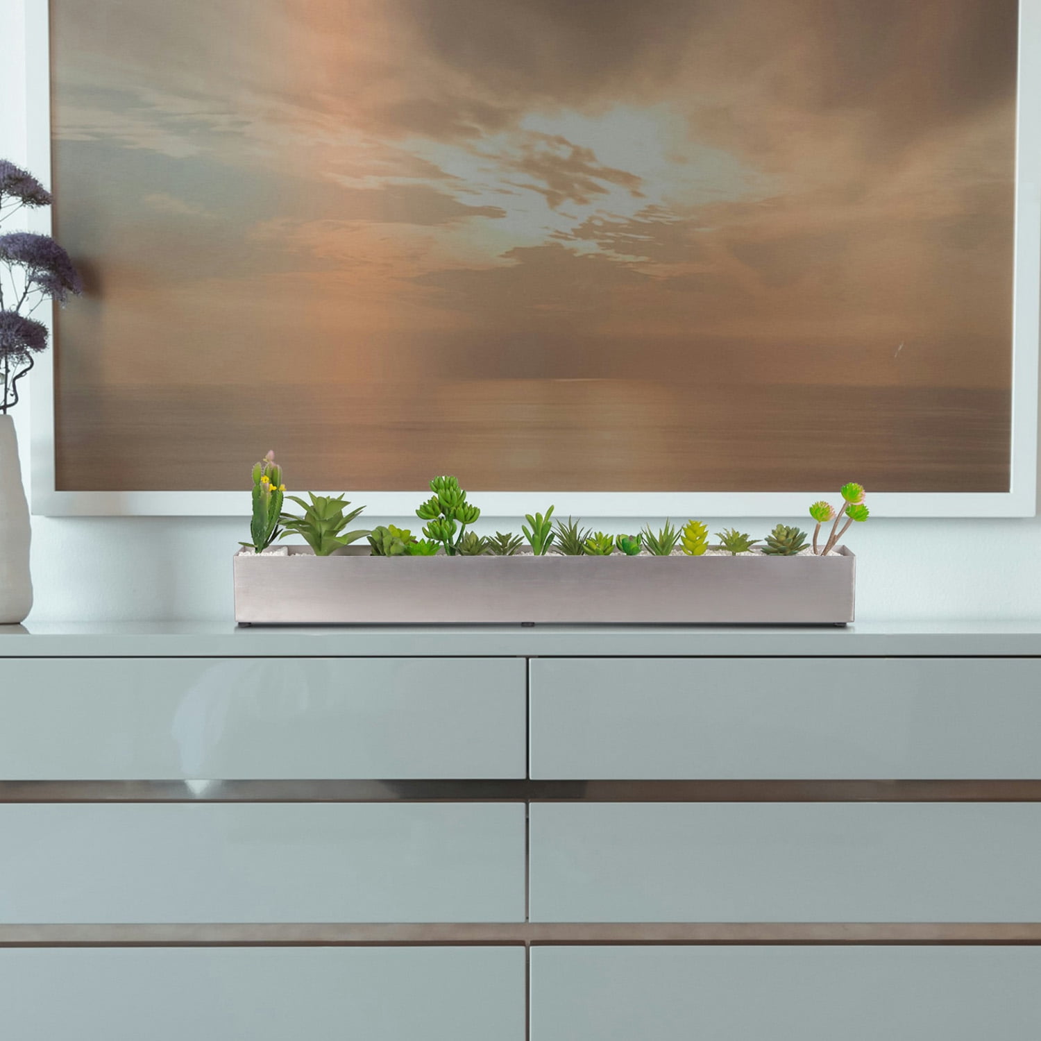 3.5"x3.25"x32" Planter Box with 4 Rubber Mats Trough Planter Pots Succulent Planters Window Sill Table Stainless Steel Rectangle Long Durable for Small Herb with Drainage Hole Indoor Outdoor, Silver
