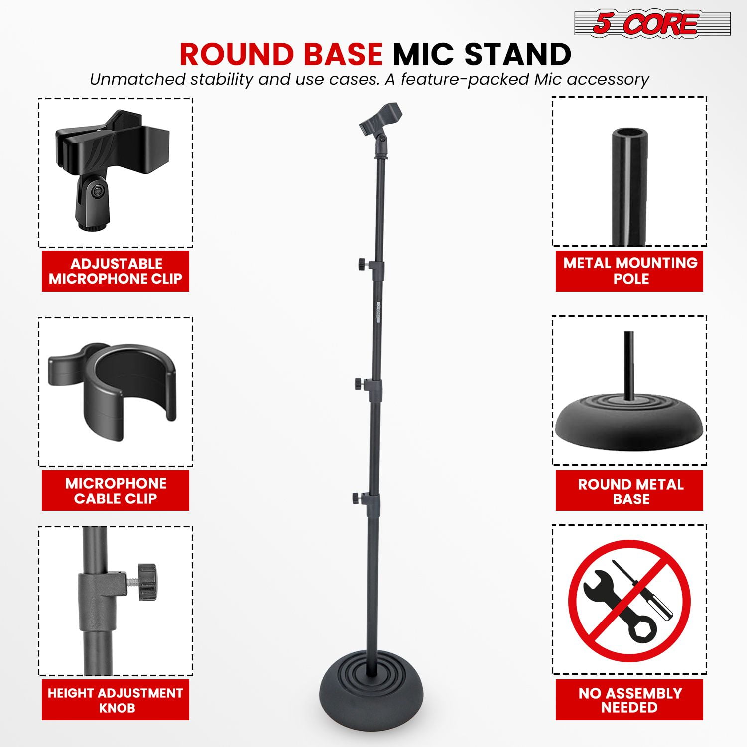 Mic Stand Floor Height Adjustable 24 to 67 Inch 2Pcs Universal Heavy Duty Microphone Stands Round Base Soporte De micrófono for Studio Singing Church On Stage - MS RBP 3T 2PCS