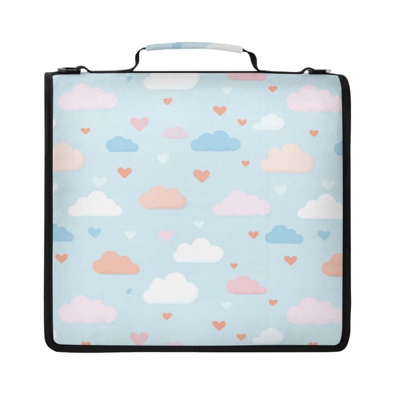 Zipper Binder with Shoulder Strap 2 inch 3 Ring Waterproof File Folder Organizer Bag 500 Sheet Cute Clouds and Hearts Pattern