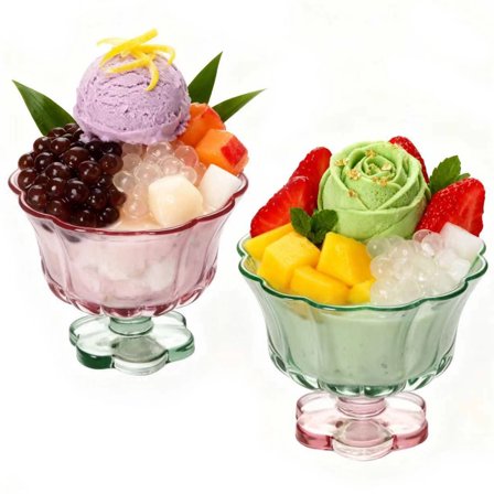 2 Pcs Flower Petal Style Glass Dessert Bowls Set with Elegant Pedestal, Pink & Green Retro Ice Cream Serving Cups for Home Kitchen