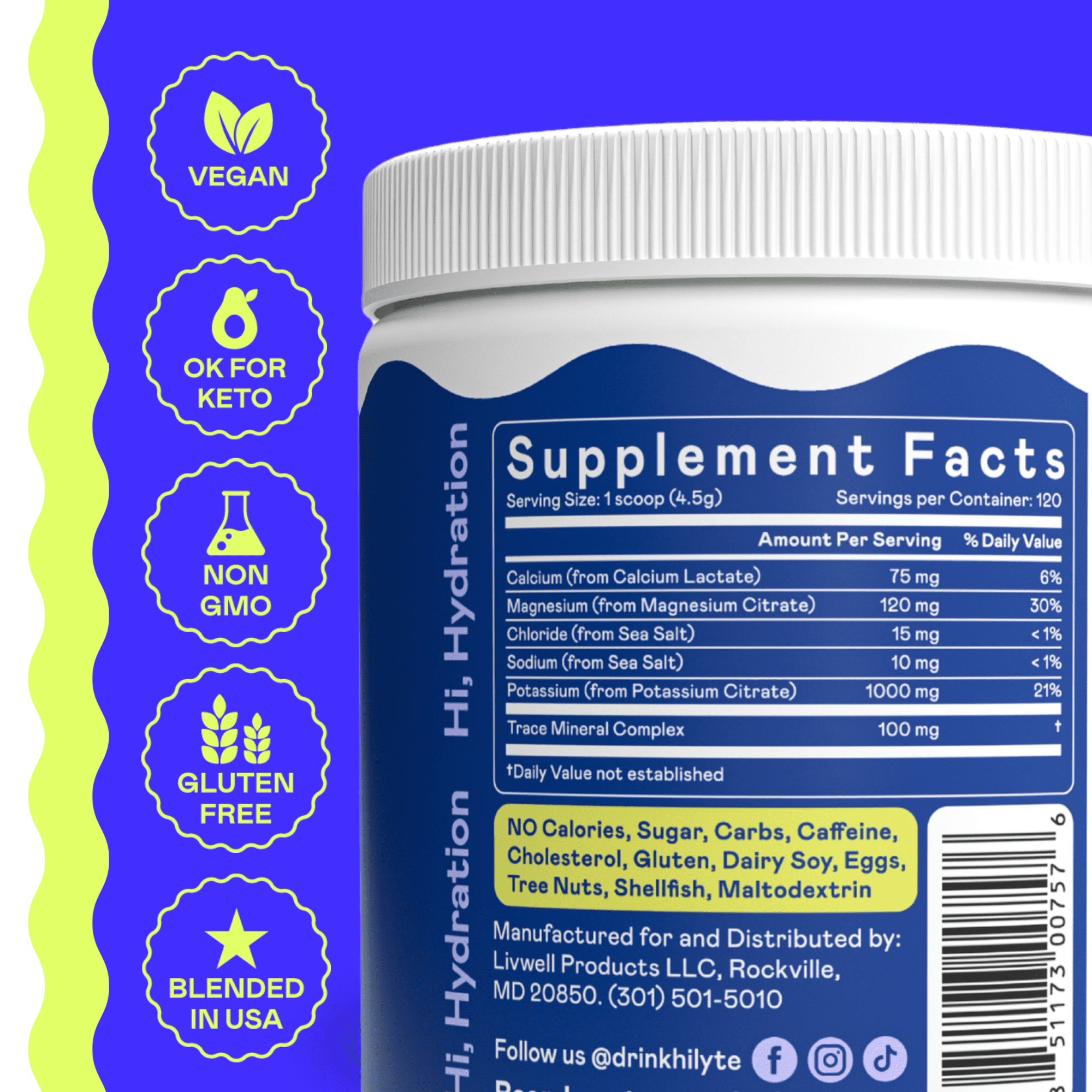 Hi-Lyte Keto K1000 Electrolyte Powder | Unflavored | Hydration Supplement Drink Mix | Boost Energy & Beat Leg Cramps | No Maltodextrin or Sugar | 120 Servings