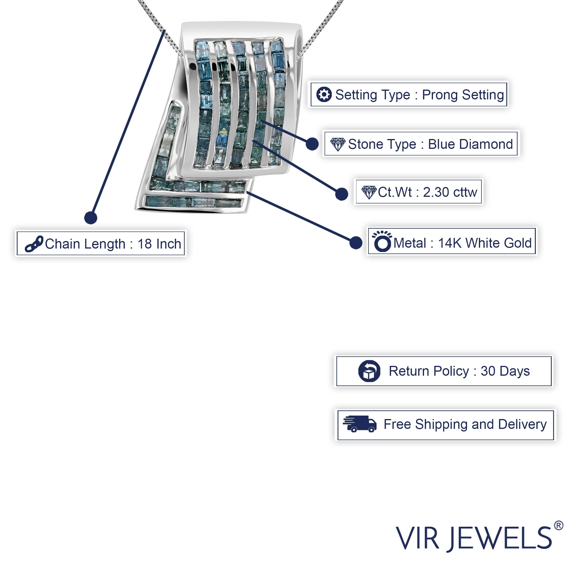 Vir Jewels 2.30 CTTW Blue Diamond Pendant Necklace for Women 14K White Gold Fashion 2/3 Inch