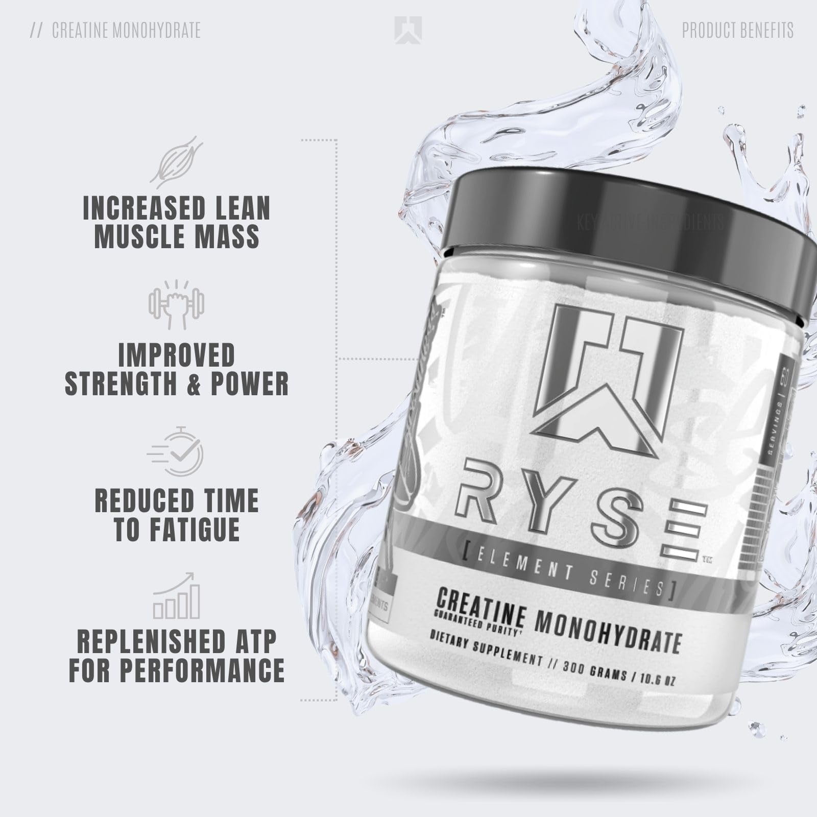 Ryse Element Series Creatine Monohydrate Powder - KMC2Unflavored - Supports Lean Muscle Growth, Strength, Power, and Endurance - Helps Reduce Fatigue and Improve Workout Recovery - 60 Servings