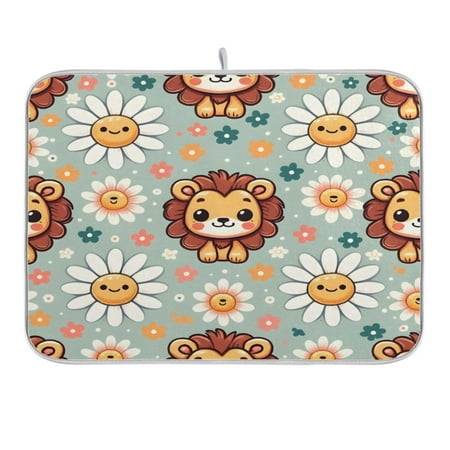 

Dish Drying Mat Kitchen Counter Cute Lion Face and Daisy Dishes Drainer Pad Absorbent Microfiber Reversible 16 x18