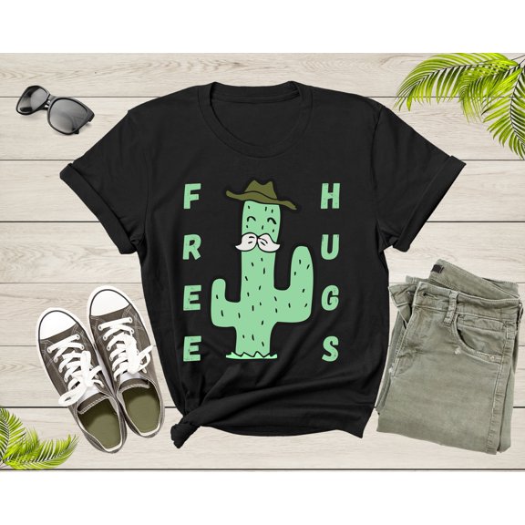 Funny Desert Cactus Cowboy Hat Mustache Free Hugs Sarcastic T-Shirt Cactus Lover Gift T Shirt for Men Women Kids Boys Girls Graphic Tshirt