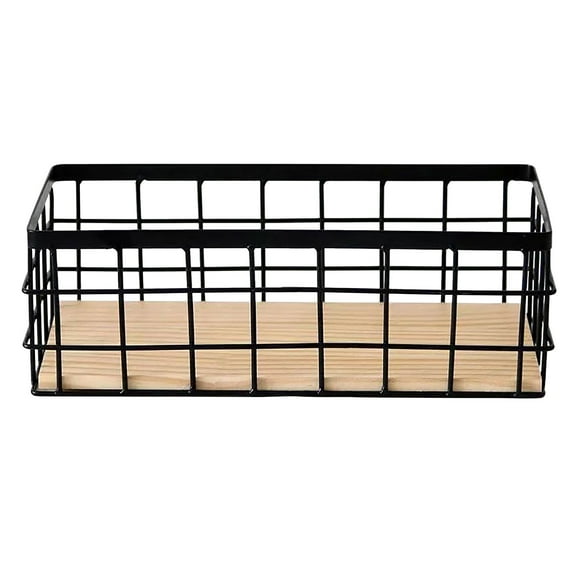 Metal Wire Bathroom Storage Organizer Basket Bin, Rustic Vintage Wire Grid Wooden Base Organizing Basket for Kitchen, Cabinets, Shelves, Pantry, Closets, Vanity Countertops, Bedrooms, Under Sink