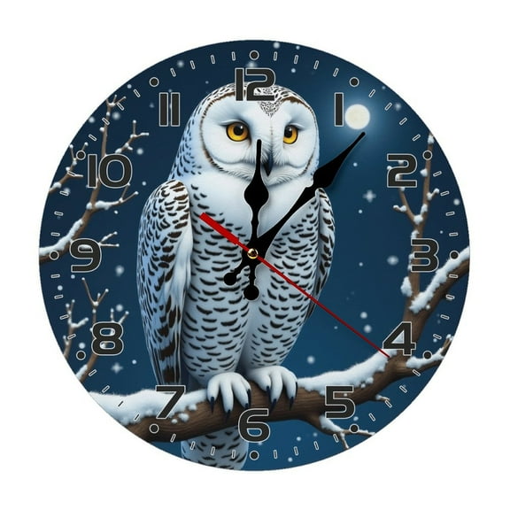 Owl Snow Wall Clock 10 Inch Silent Non Ticking Round Clock Decoration for Living Room Kitchen Bedroom Bathroom Office Classroom